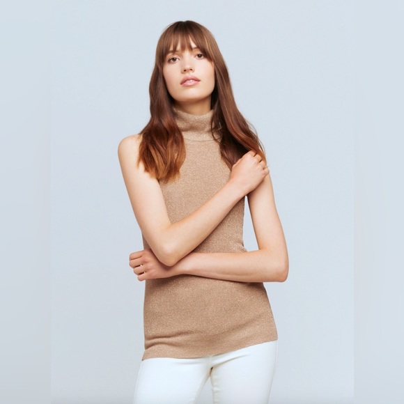 REVOLVE L’Agence XS Sabrina Sleeveless Turtleneck Top Knit Blouse Gold Biscotti - Picture 5 of 11